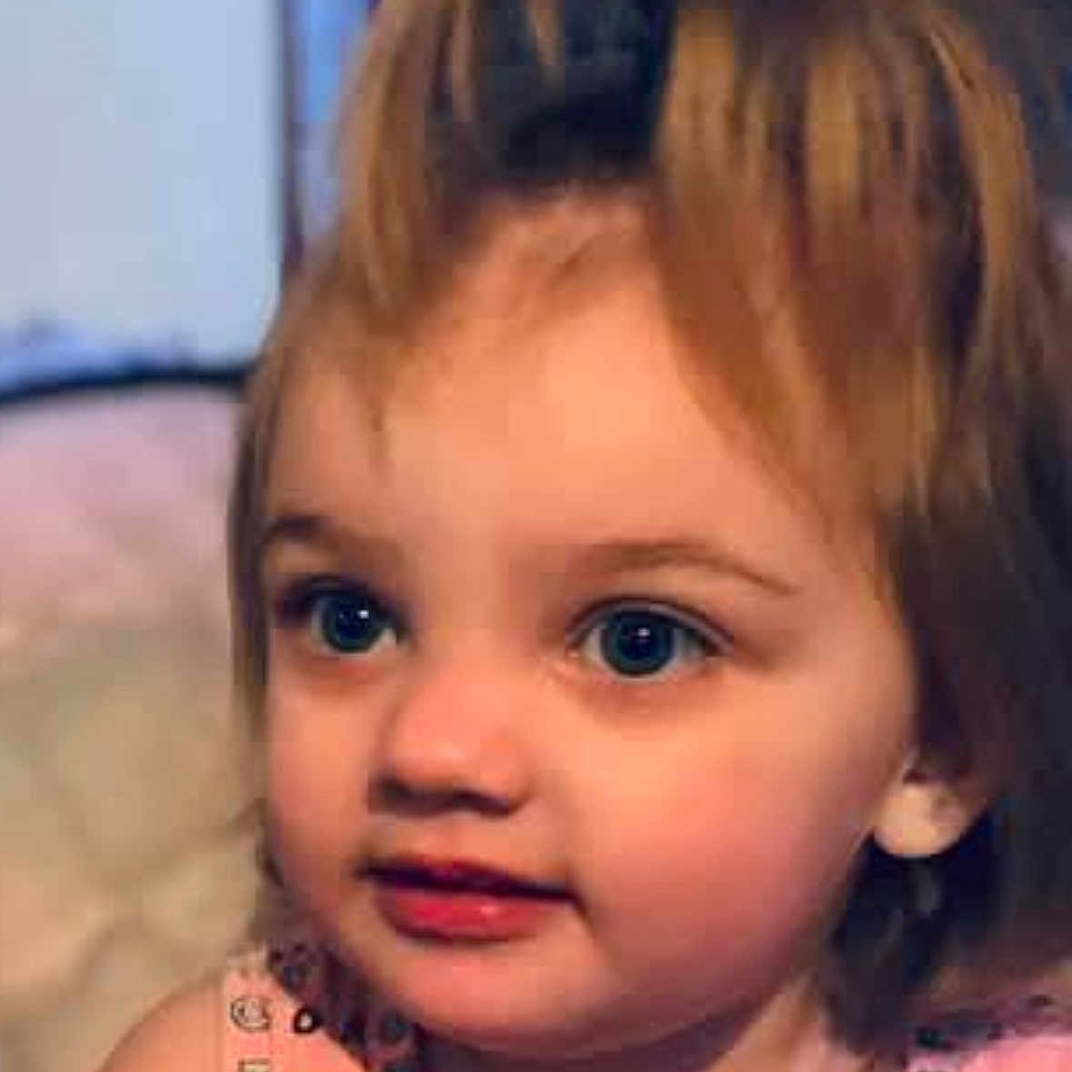 Jaidyn Malone is registered to the contest to win money with this photo: baby, child, closeup, curly_hair, cute, expression, eyes, face, hair, head, indoor, innocent, person, pink_clothing, portrait, skin, small_child, smile, toddler, young_child