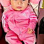 Aitana joined the competition — help win amazing prizes! baby, infant, child, pink_tracksuit, adidas_logo, car_seat, booties, plush, portrait, close_up, big_eyes, dark_hair, rosy_cheeks, looking_at_camera, seated, cute, clothing, fabric, warning_label, soft