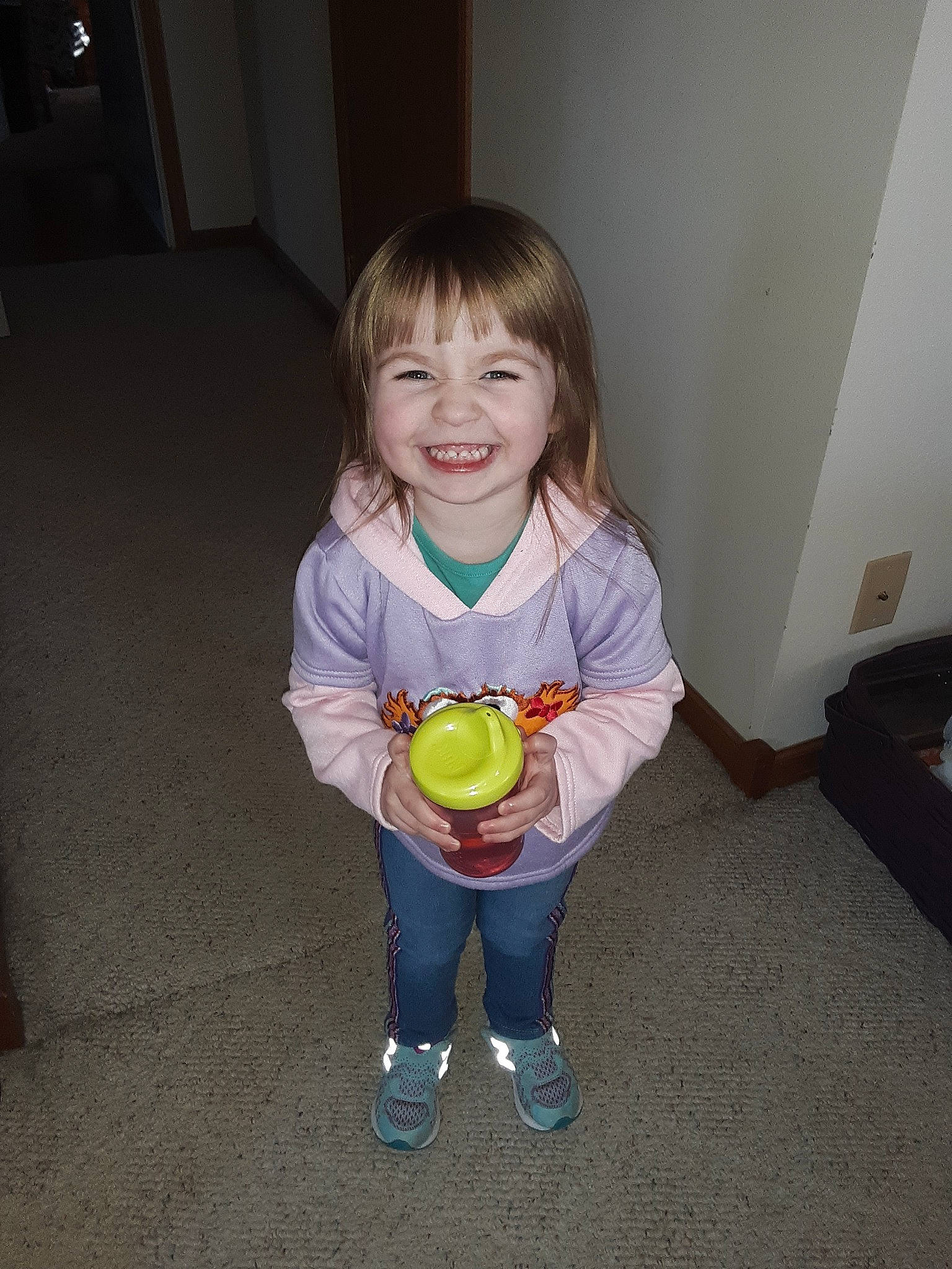 Ashtyn joined the competition — help win amazing prizes! child, joy, outerwear, person, smile, standing, toddler