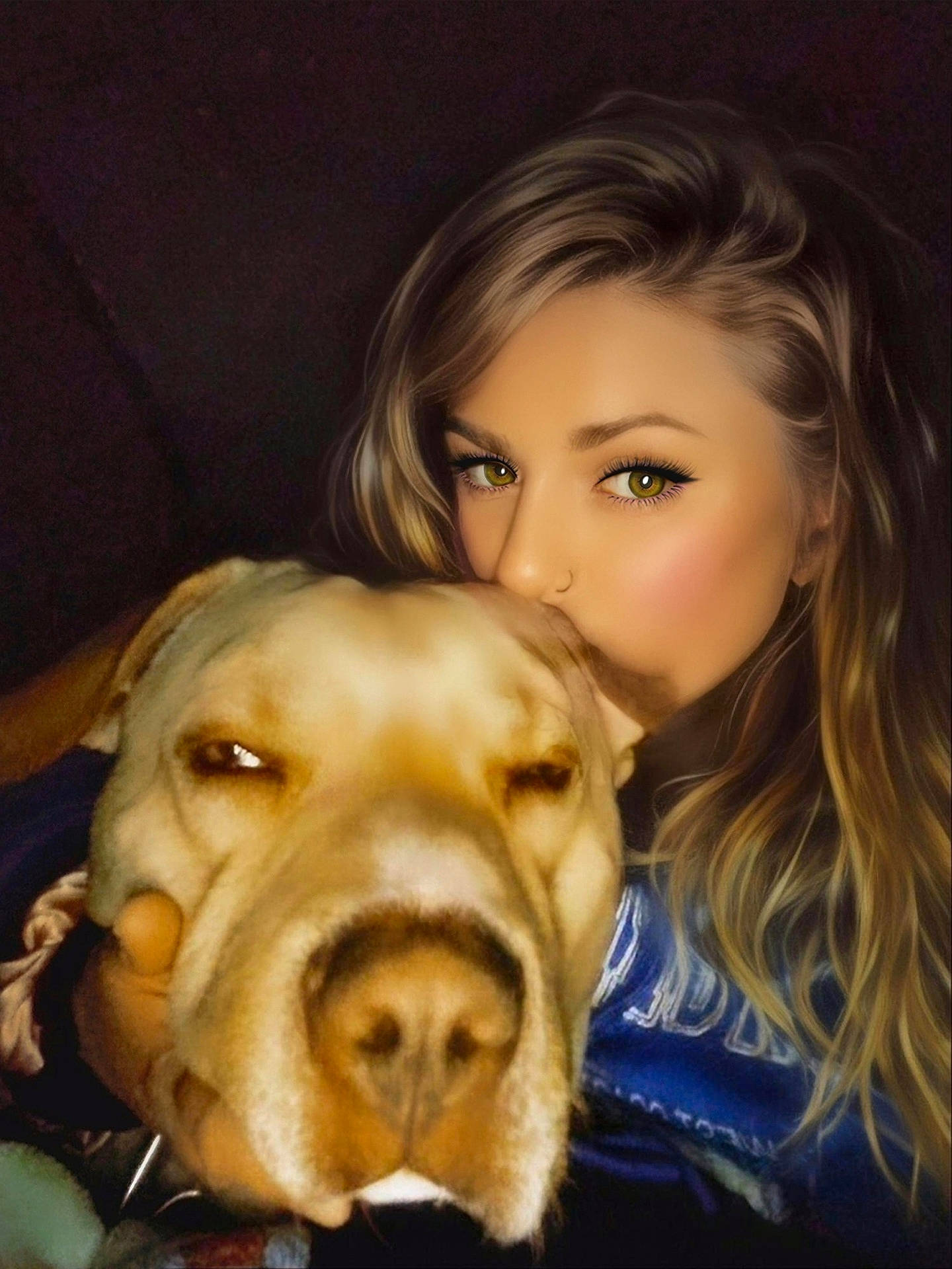 affection, animal, blonde_hair, brown_dog, closeup, companion, cozy, cute, dog, eyeliner, face, friendship, human, indoor, nose_ring, pet, portrait, snuggle, warm_lighting, woman