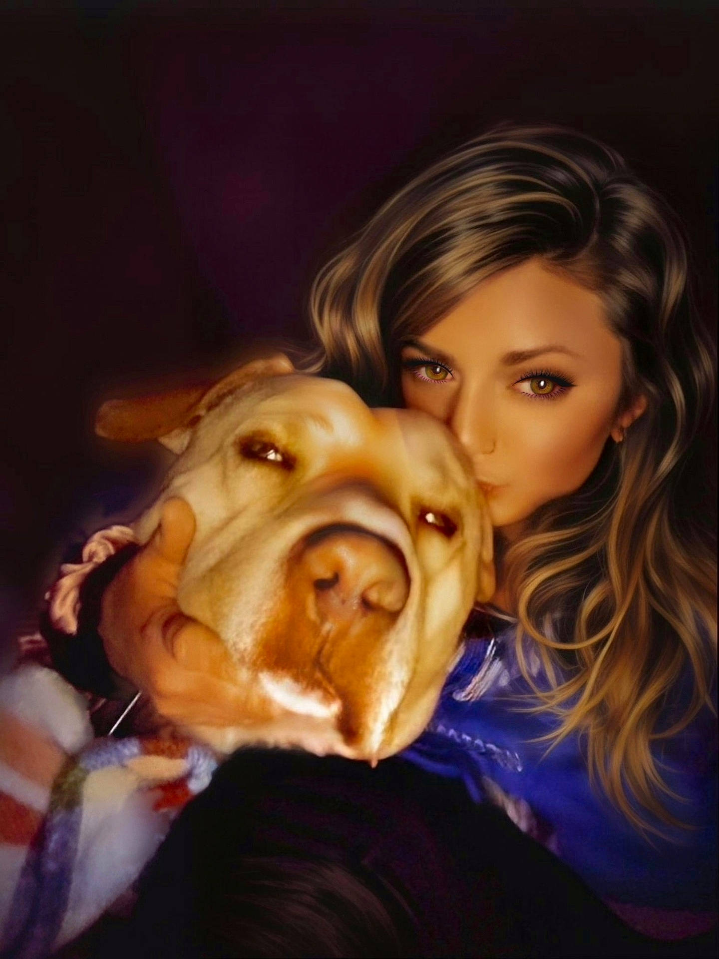 affection, animal, brown_eyes, closeup, companion, cuddle, dark_background, dog, face, friendship, hug, indoor, kiss, long_hair, love, pet, portrait, soft_focus, warm_light, woman
