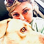 Hoss is registered to the contest to win money with this photo: affection, animal, blonde_hair, car_interior, casual_clothing, close_up, companionship, dog, face, headshot, human, indoor, light, looking_away, nose_ring, pet, portrait, selfie, sunglasses, woman