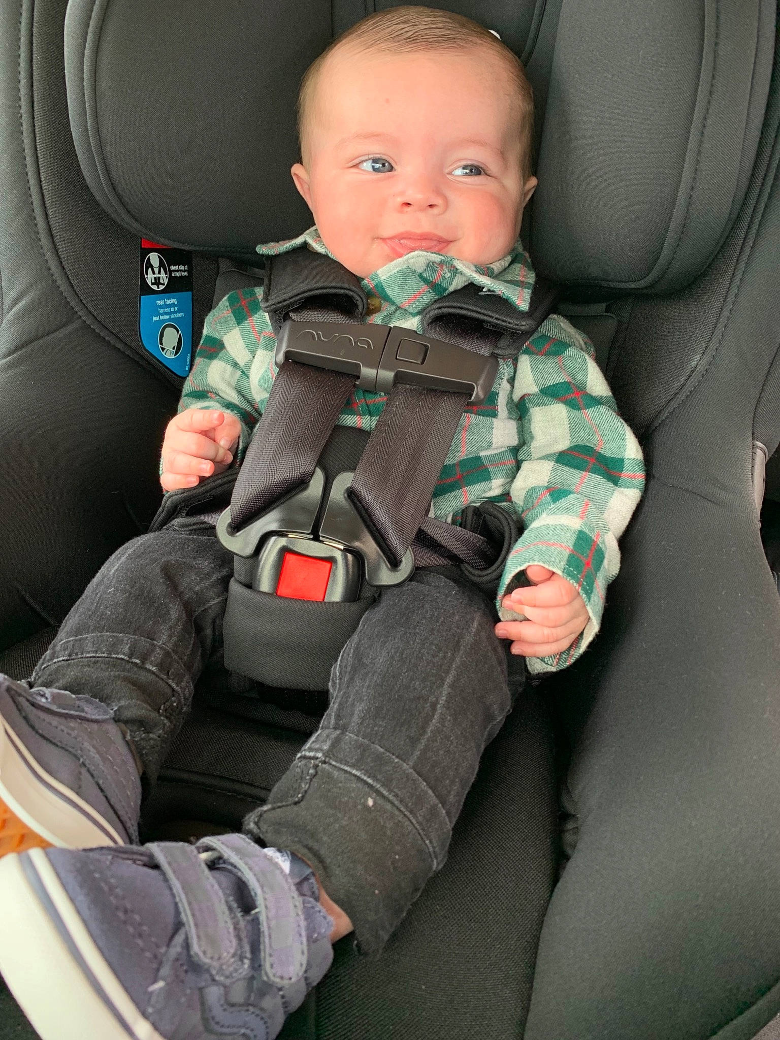 Fynn is registered to the contest to win money with this photo: auto_part, baby, baby_in_car_seat, car_seat, car_seat_cover, child, person, sitting, toddler