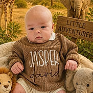 Jasper joined the competition — help win amazing prizes! baby, infant, knitted_sweater, plush_toy, lion_toy, elephant_toy, giraffe, elephant, safari, savannah, outdoor, nature, sign, child, portrait, cute, adventure, animal, soft_blanket, young_child
