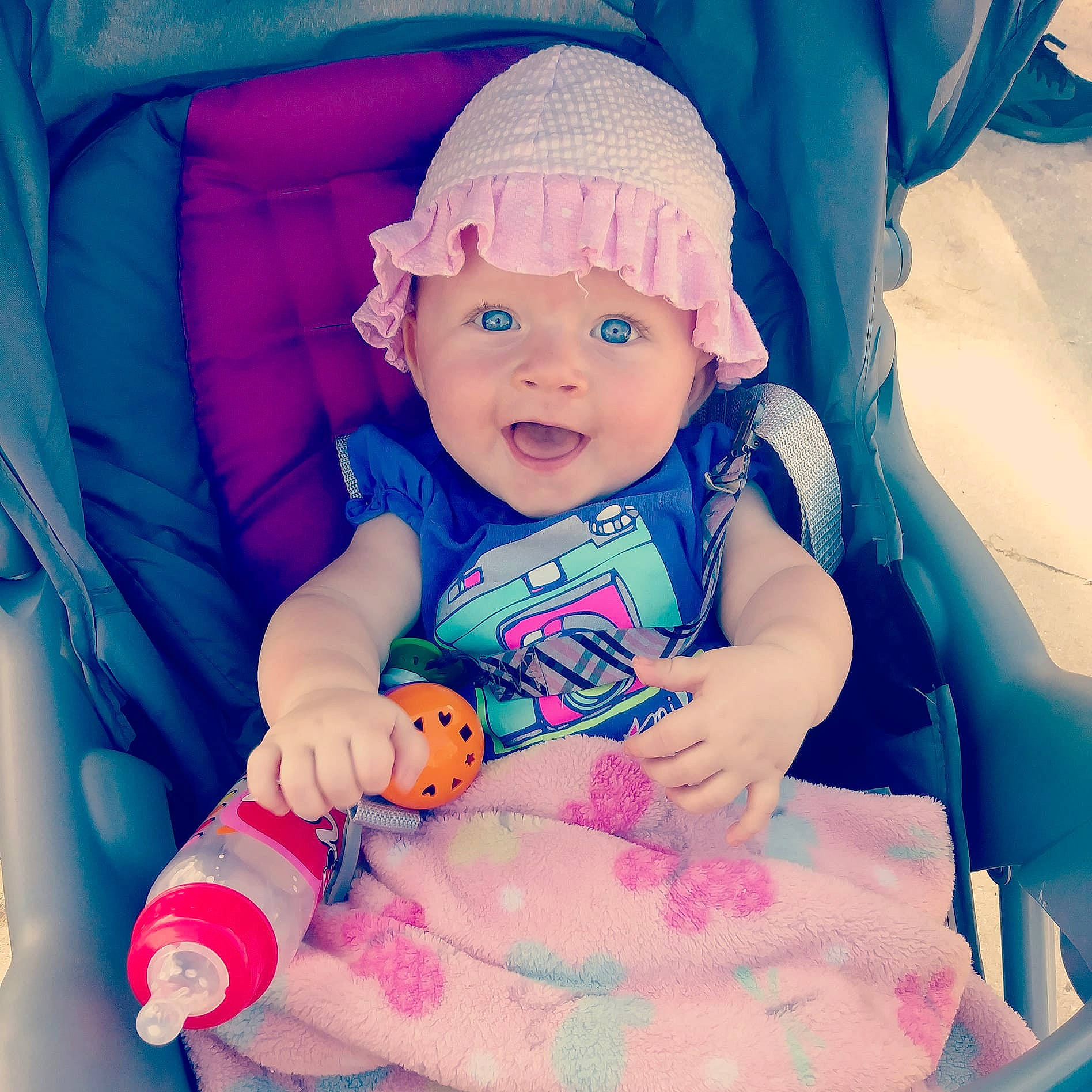 Baylee joined the competition — help win amazing prizes! baby_products, blue, cheek, child, cool, eye, fun, girl, happiness, headgear, infant, iris, person, pink, product, skin, smile, textile, toddler, toy