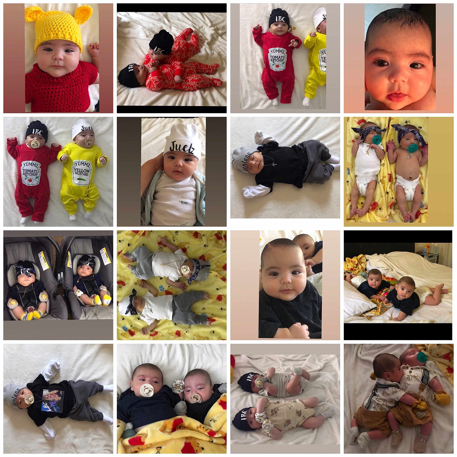 Santana And Juelz joined the competition — help win amazing prizes! art, baby, bed, cap, clothing, collage, costume, couch, face, furniture, hat, head, knitwear, newborn, people, person, photography, plush, portrait, toy