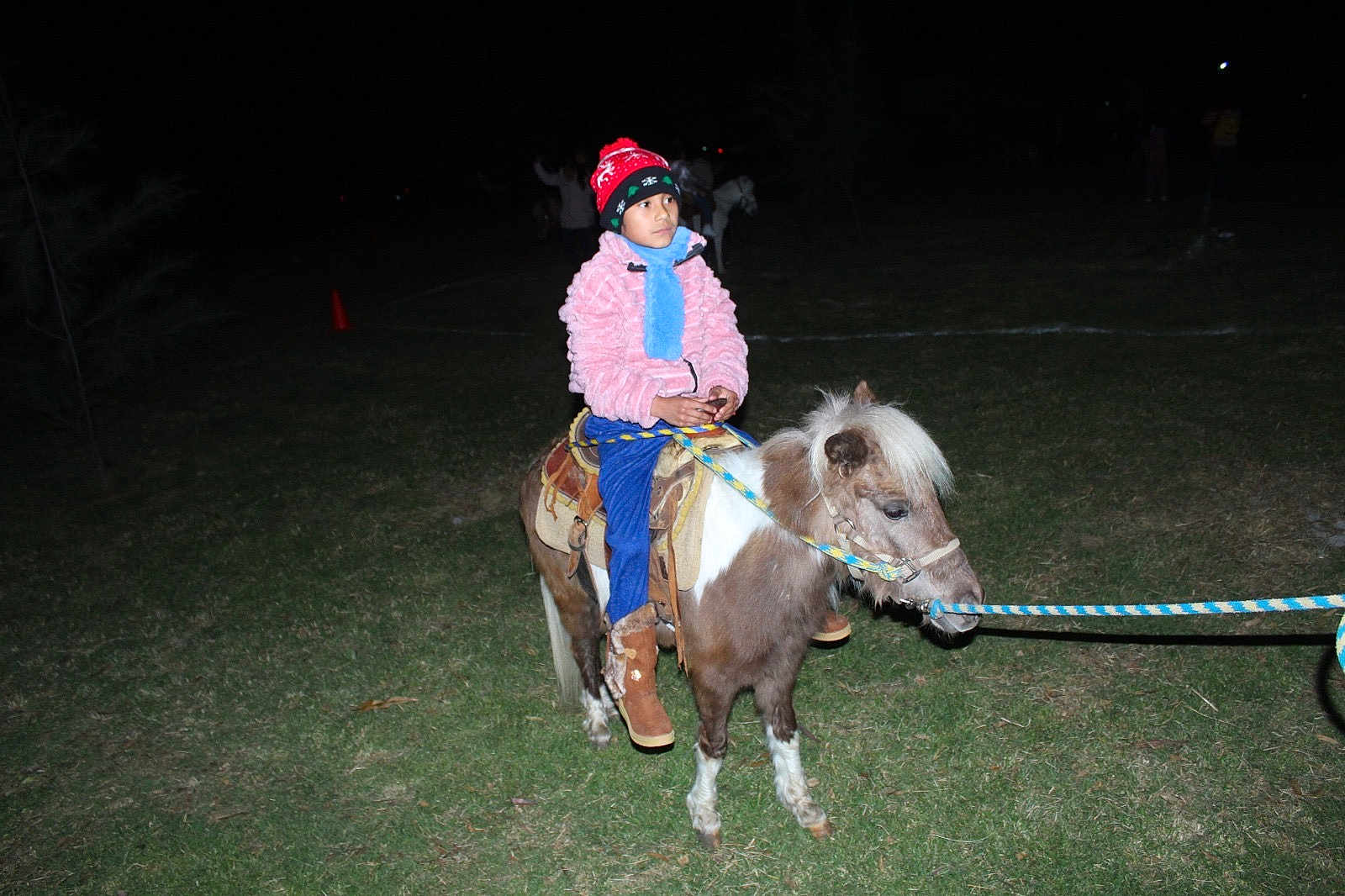 Kimberly joined the competition — help win amazing prizes! child, pony, horse, pony_ride, grass, night, jacket, beanie, scarf, boots, saddle, rope, lead_rope, flash_photography, outdoor, park, thoughtful_expression, animal, winter_clothing, young_rider