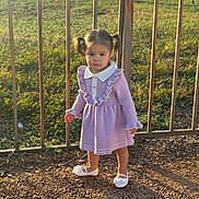 Sophia joined the competition — help win amazing prizes! child, toddler, girl, pigtails, dress, purple_dress, white_shoes, outdoor, grass, metal_fence, gravel, sunlight, shadow, curious, standing, young_child, casual, daylight, nature, portrait