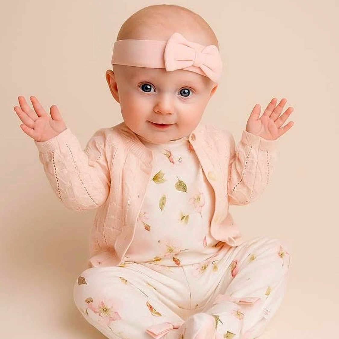 Leonie is registered to the contest to win money with this photo: baby, background, bow, cardigan, child, cute, eyes, face, floral_pajamas, hands, infant, innocent, pastel_colors, pink_headband, portrait, raised_hands, sitting, smiling, soft_lighting, studio