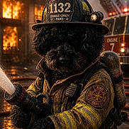 Cookie is registered to the contest to win money with this photo: animal, black_dog, brave, courage, dog, emergency, engine, fire, fire_department, fire_hose, fire_scene, fire_truck, firefighter, firefighter_uniform, helmet, heroic, loyalty, protective_gear, rescue, water_spray