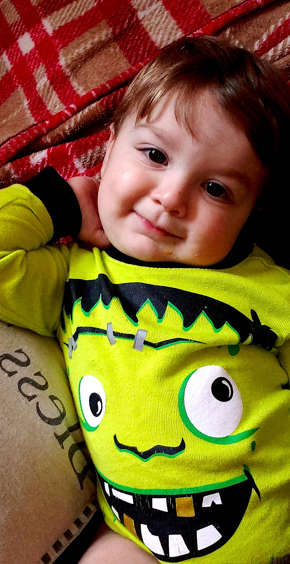 Finn joined the competition — help win amazing prizes! baby, cheek, child, cool, eye, face, facial_expression, green, happy, head, joy, lip, mouth, nose, person, plush, smile, stuffed_toy, textile, toddler