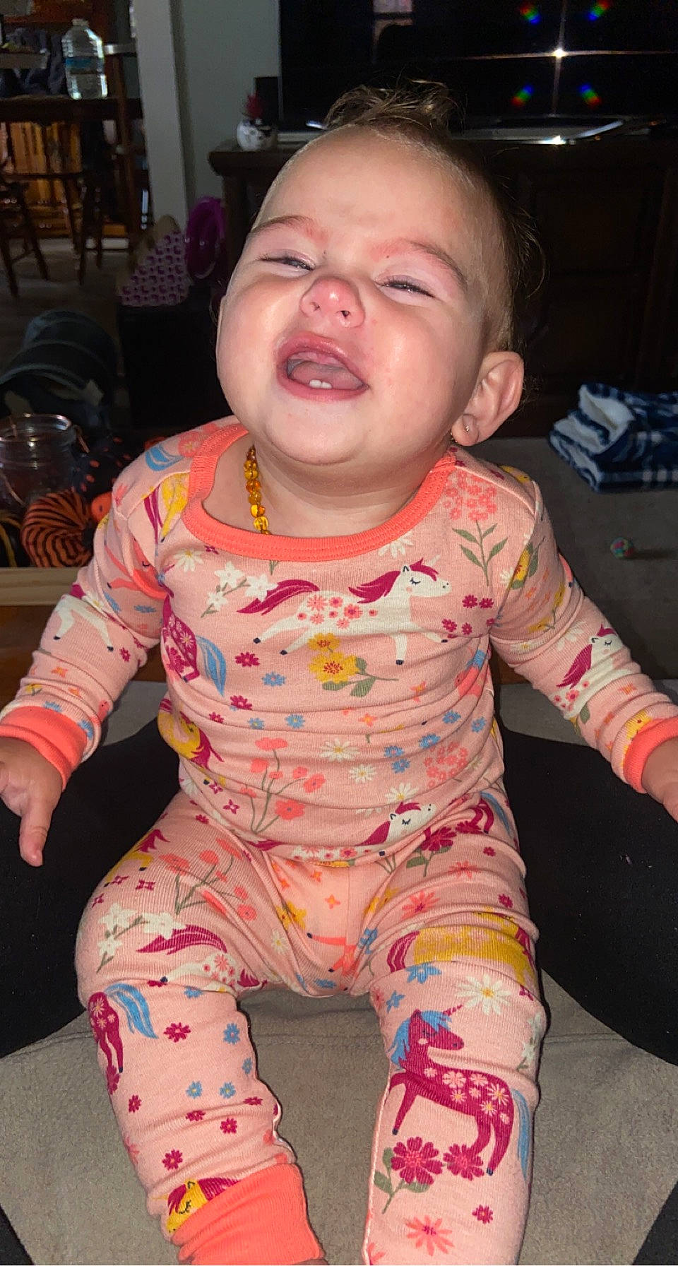 Hadley joined the competition — help win amazing prizes! baby, baby_toddler_clothing, cheek, child, comfort, fun, happy, head, human_body, mouth, nightwear, nose, pajamas, pattern, person, pink, sitting, skin, sleeve, t_shirt