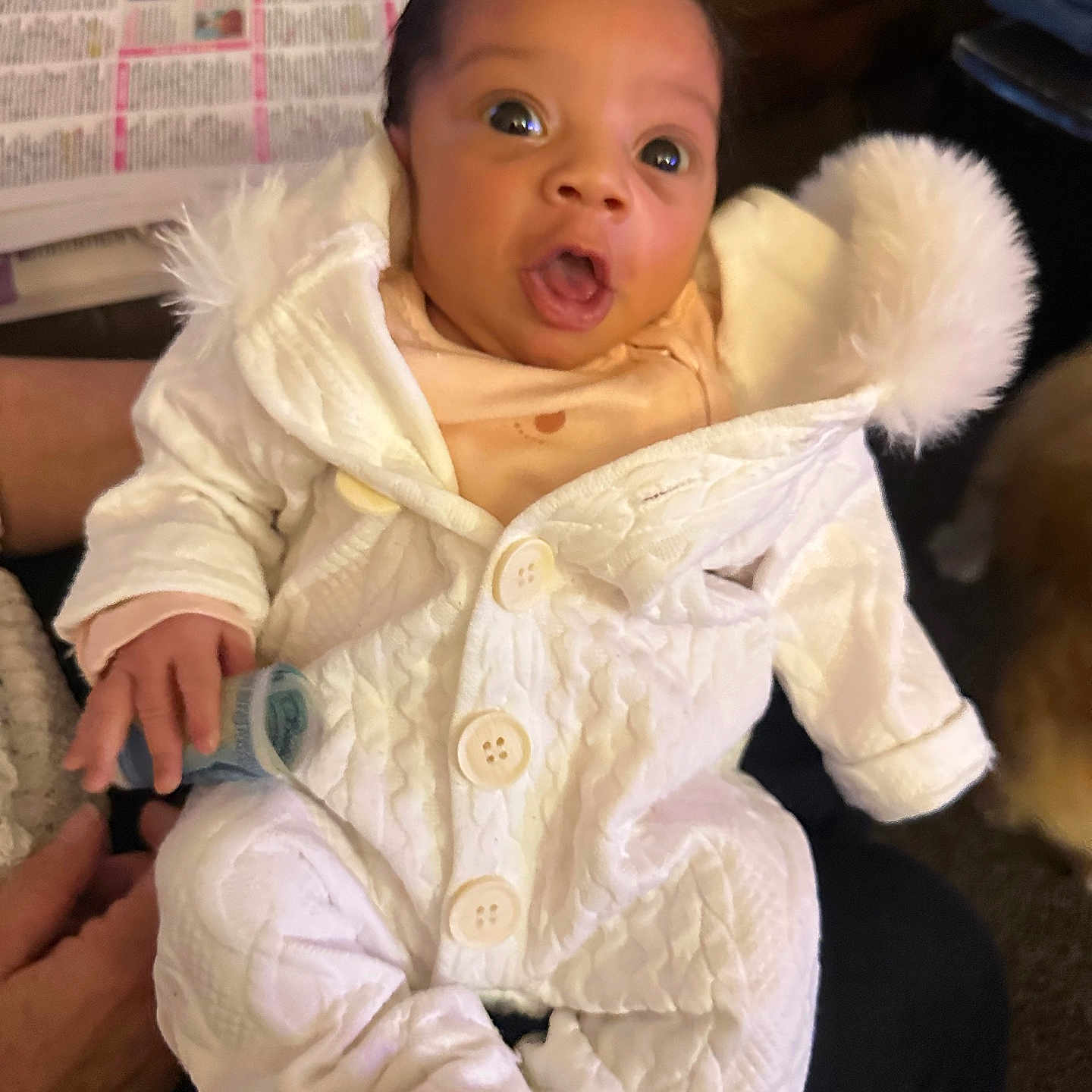 Aariellà is registered to the contest to win money with this photo: baby, buttons, child, cozy, eyes, face, fur_trim, hand, holding, indoors, infant, lap, mouth_open, newspaper, person, pom_pom, sitting, surprised_expression, warm_clothing, white_outfit