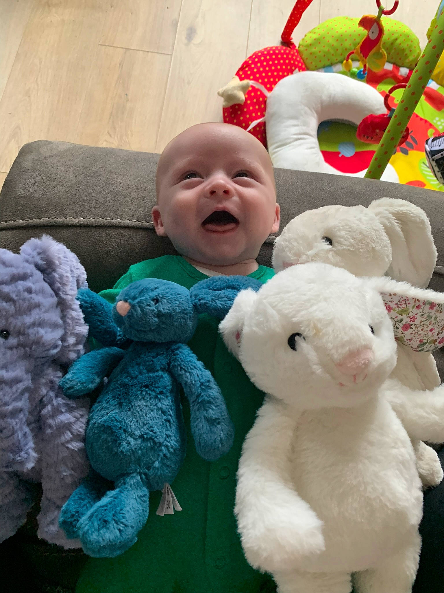 Otis joined the competition — help win amazing prizes! baby, baby_toddler_clothing, baby_toys, blue, child, comfort, event, fur, green, happy, person, plush, room, smile, stuffed_toy, teddy_bear, textile, toddler, toy, vertebrate