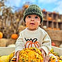 baby, child, pumpkin, autumn, fall, hat, knit_hat, sweater, gourd, hay, orange, yellow, outdoor, seasonal, cute, portrait, smiling, nature, harvest, festival