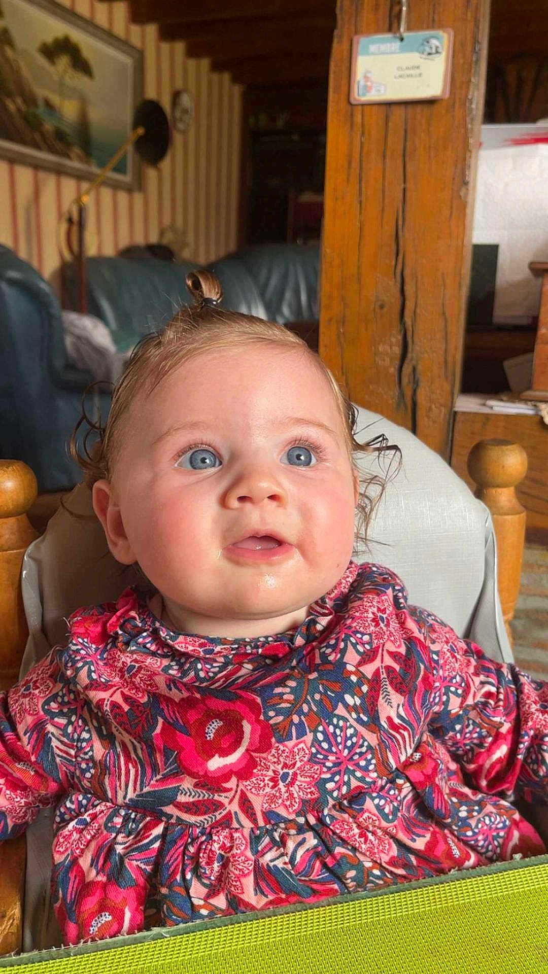 Laélya a rejoint le concours — aidez-le/la à gagner de superbes lots ! baby, blue_eyes, child, colorful_clothing, curious, curly_hair, cute, drool, expression, face, floral_dress, high_chair, indoor, infant, person, portrait, room, seated, topknot, wooden_furniture