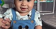 Lukas is registered to the contest to win money with this photo: baby, child, infant, mickey_mouse, overalls, blue_clothing, smiling, holding_hand, playpen, toy, indoor, cute, happy, person, face, sitting, short_hair, closeup, skin, young