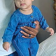 Love is registered to the contest to win money with this photo: adult_hand, baby, bed, bedspread, casual_clothing, child, curious, cute, denim_outfit, earring, foot, hand, holding, indoor, infant, jeans, person, portrait, skin, white_tank_top