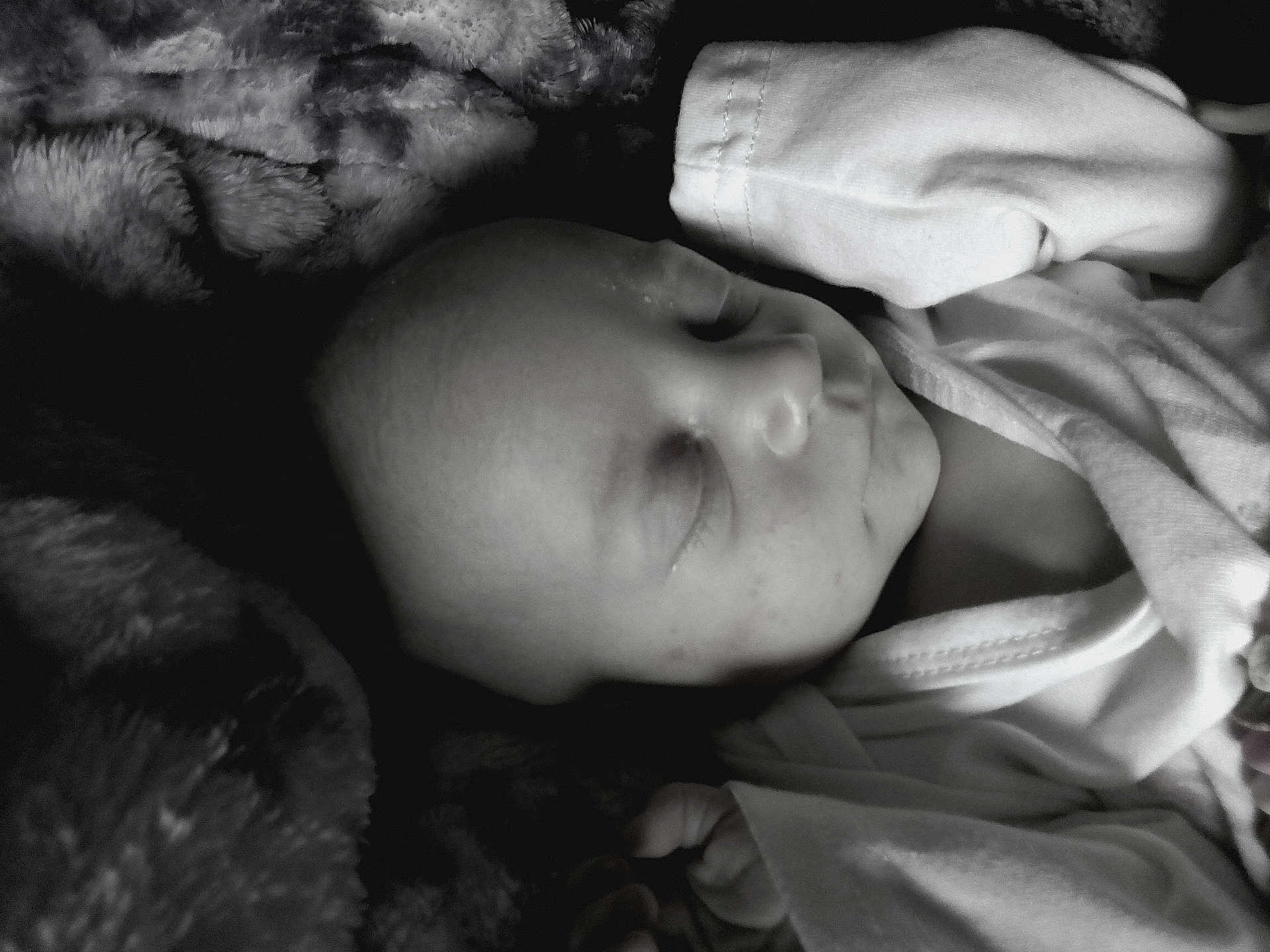 Riley joined the competition — help win amazing prizes! baby, sleeping, infant, black_and_white, soft, blanket, clothing, peaceful, portrait, closeup, newborn, face, cute, child, resting, cozy, tender, skin, head, hands
