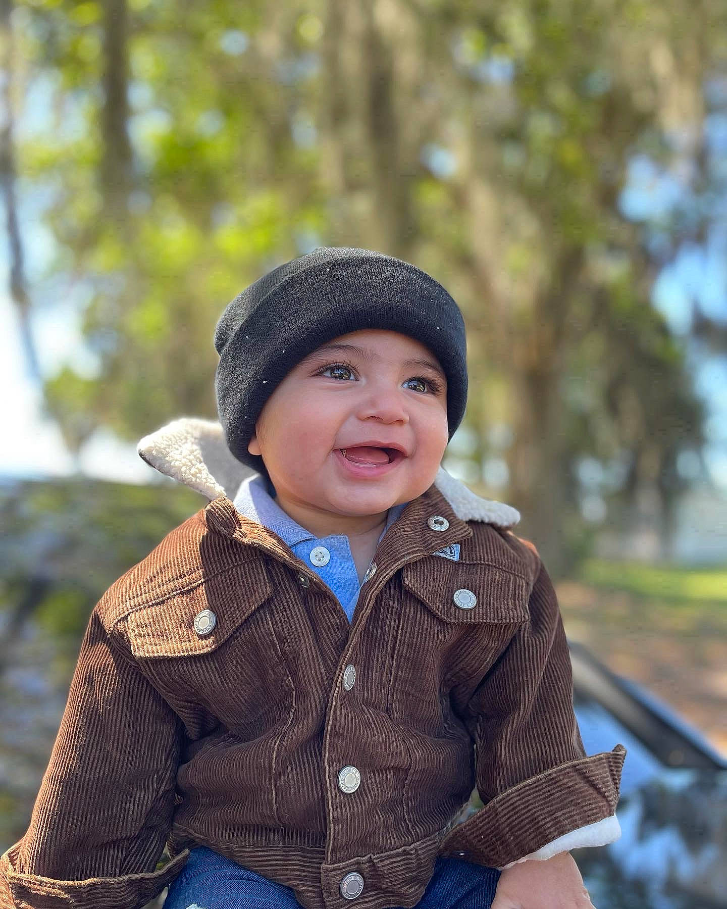 Julius joined the competition — help win amazing prizes! beauty, cap, child, grass, happy, headgear, headwear, jacket, knit_cap, leisure, mammal, pattern, person, plaid, sitting, sleeve, smile, street_fashion, toddler, tree