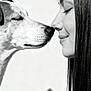 Roméo a rejoint le concours — aidez-le/la à gagner de superbes lots ! dog, woman, human, portrait, black_and_white, close_up, nose, boop, affection, pet, eyes_closed, profile, whiskers, muzzle, long_hair, shadow, minimal_background, touching, calm, intimate