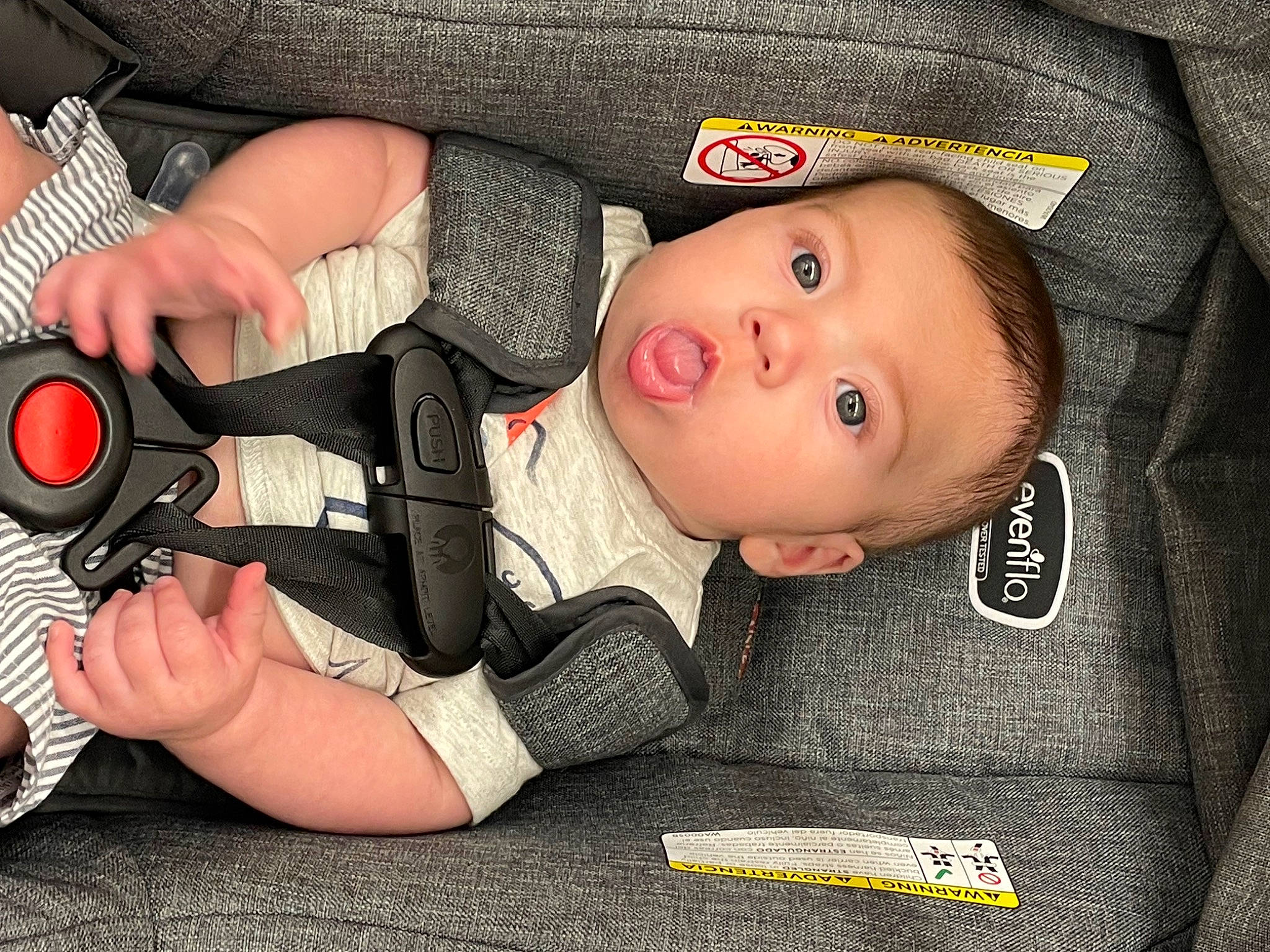 Rhyker is registered to the contest to win money with this photo: audio_equipment, auto_part, baby, baby_carriage, baby_products, baby_toddler_clothing, car_seat, carmine, cheek, child, comfort, hand, mouth, nail, person, photographer, sitting, skin, surprise, thumb