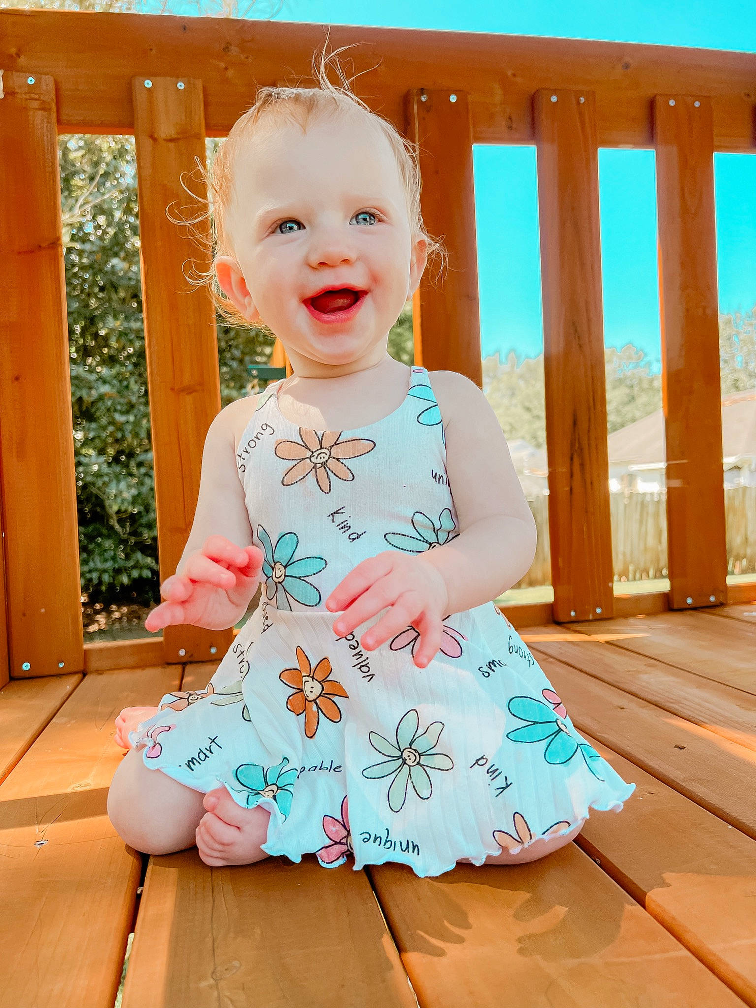 Kaydence joined the competition — help win amazing prizes! baby_toddler_clothing, blue, child, day_dress, dress, eye, fun, hair, happy, leisure, one_piece_garment, pattern, person, pink, skin, sky, sleeve, smile, standing, toddler