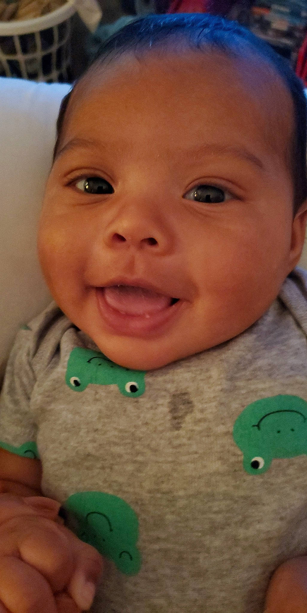 Kamdyn is registered to the contest to win money with this photo: baby, baby_toddler_clothing, blue, cheek, chin, eyebrow, eyelash, facial_expression, forehead, green, happy, iris, lip, mammal, mouth, nose, organ, person, product, skin