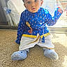child, toddler, baby, portrait, sitting, blue_outfit, traditional_clothing, cultural_attire, white_pants, socks, carpet, indoor, sunlight, window, face, eyes, dark_hair, fashion, smiling, photography