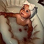 Renee joined the competition — help win amazing prizes! baby, child, bath, bathtub, bubbles, inflatable_tub, headband, bow, water, skin, arm, face, looking_up, foam, indoor, cute, adorable, childhood, happy, playful