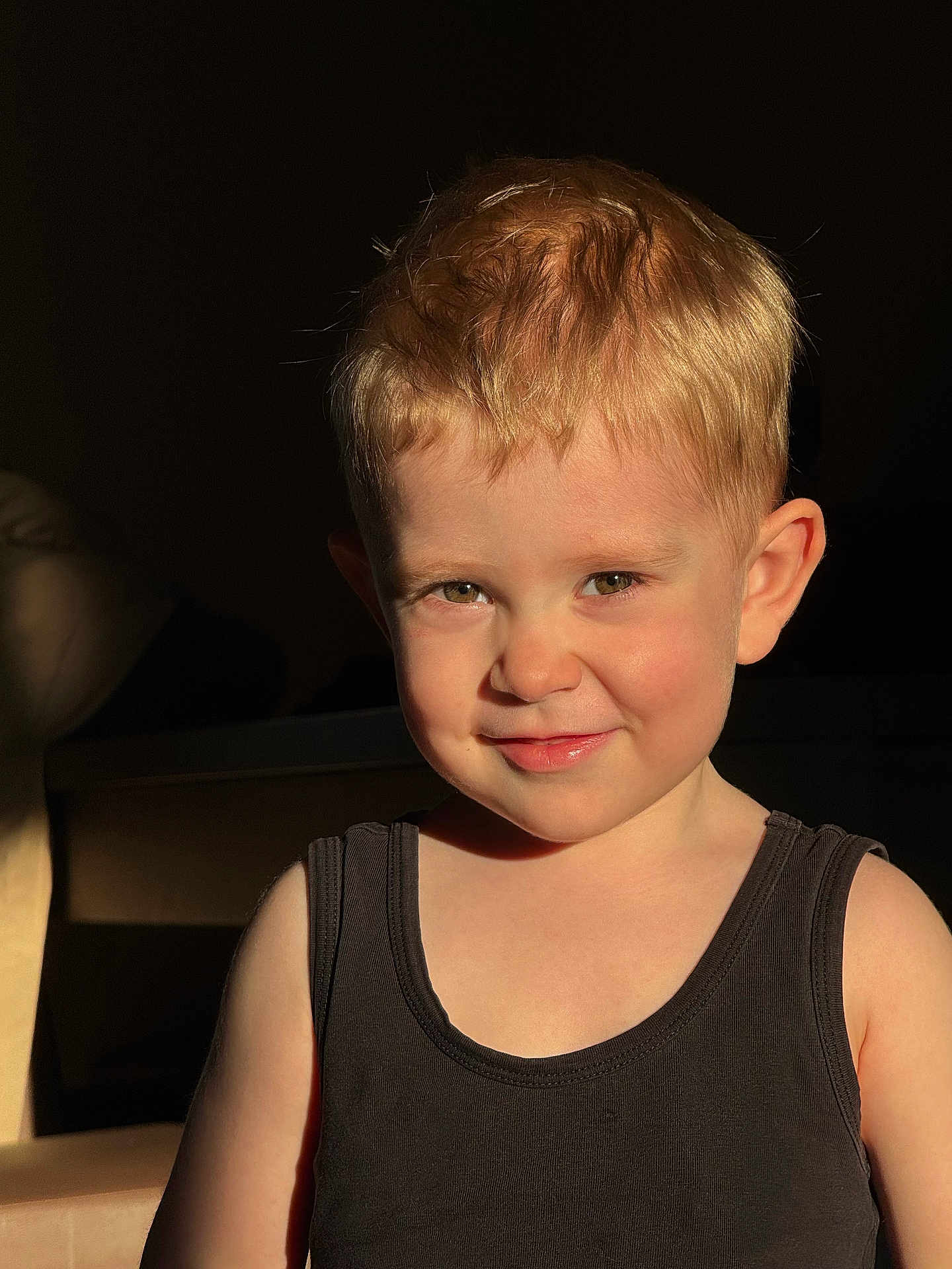 Adil participe au concours pour gagner de l'argent avec cette photo : child, toddler, boy, blond_hair, smile, portrait, closeup, sunlight, shadow, tank_top, skin, face, eyes, ear, hair, rosy_cheeks, candid, indoor, cute, young_child