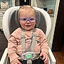 Lauren is registered to the contest to win money with this photo: toddler, child, glasses, high_chair, sweatshirt, straps, smile, indoor, kitchen, person, seat, furniture, young_child, cute, baby, casual_clothing, hand, face, happy, home