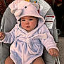baby, infant, child, plush_robe, elephant_hood, baby_chair, gray_pattern, outdoor, curious_expression, soft_fabric, seated, cute, hooded_clothing, baby_skin, chubby_cheeks, sunshine_pattern, toy, comfort, warm_clothing, baby_gesture