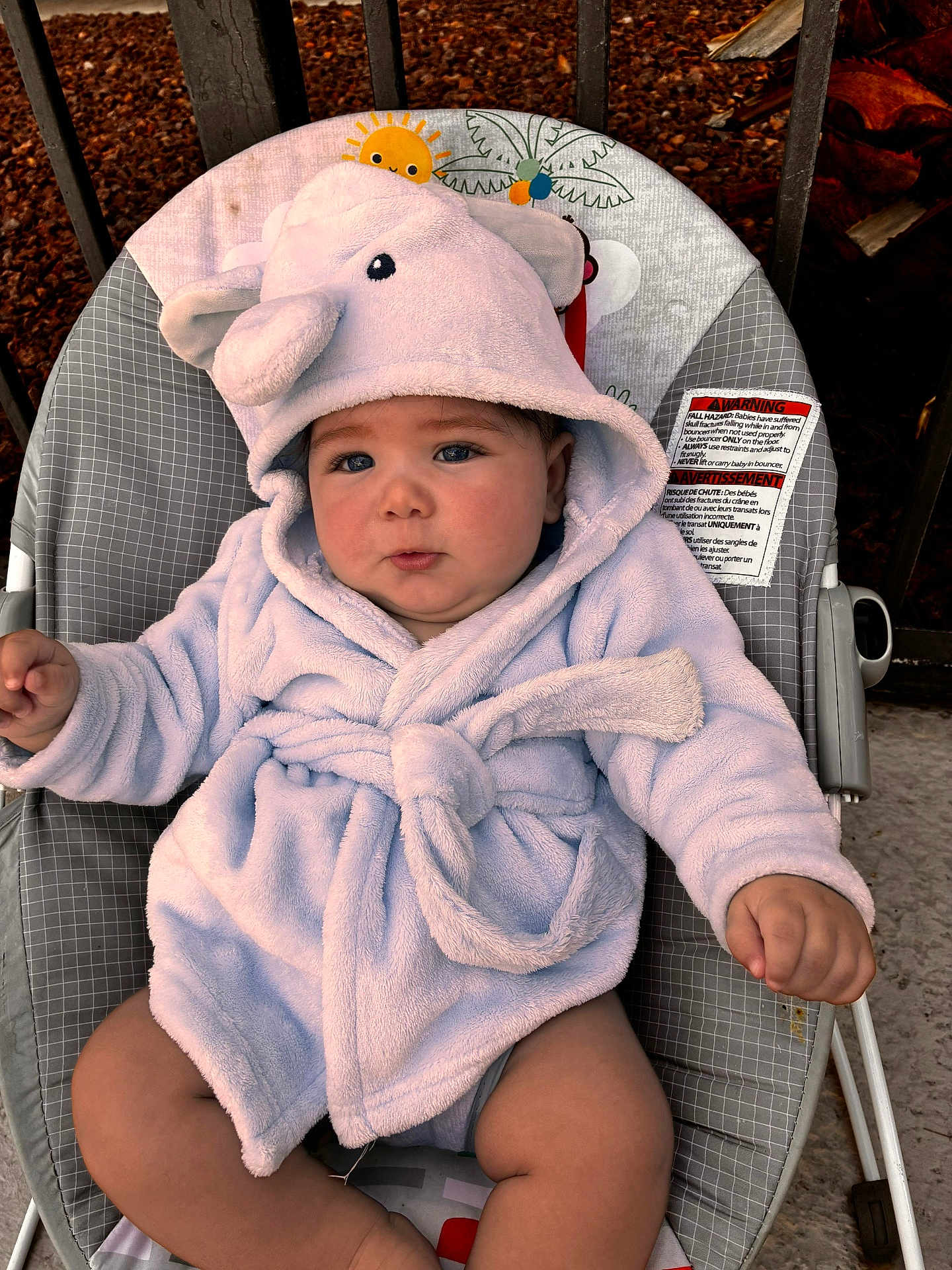 Leitan joined the competition — help win amazing prizes! baby, infant, child, plush_robe, elephant_hood, baby_chair, gray_pattern, outdoor, curious_expression, soft_fabric, seated, cute, hooded_clothing, baby_skin, chubby_cheeks, sunshine_pattern, toy, comfort, warm_clothing, baby_gesture