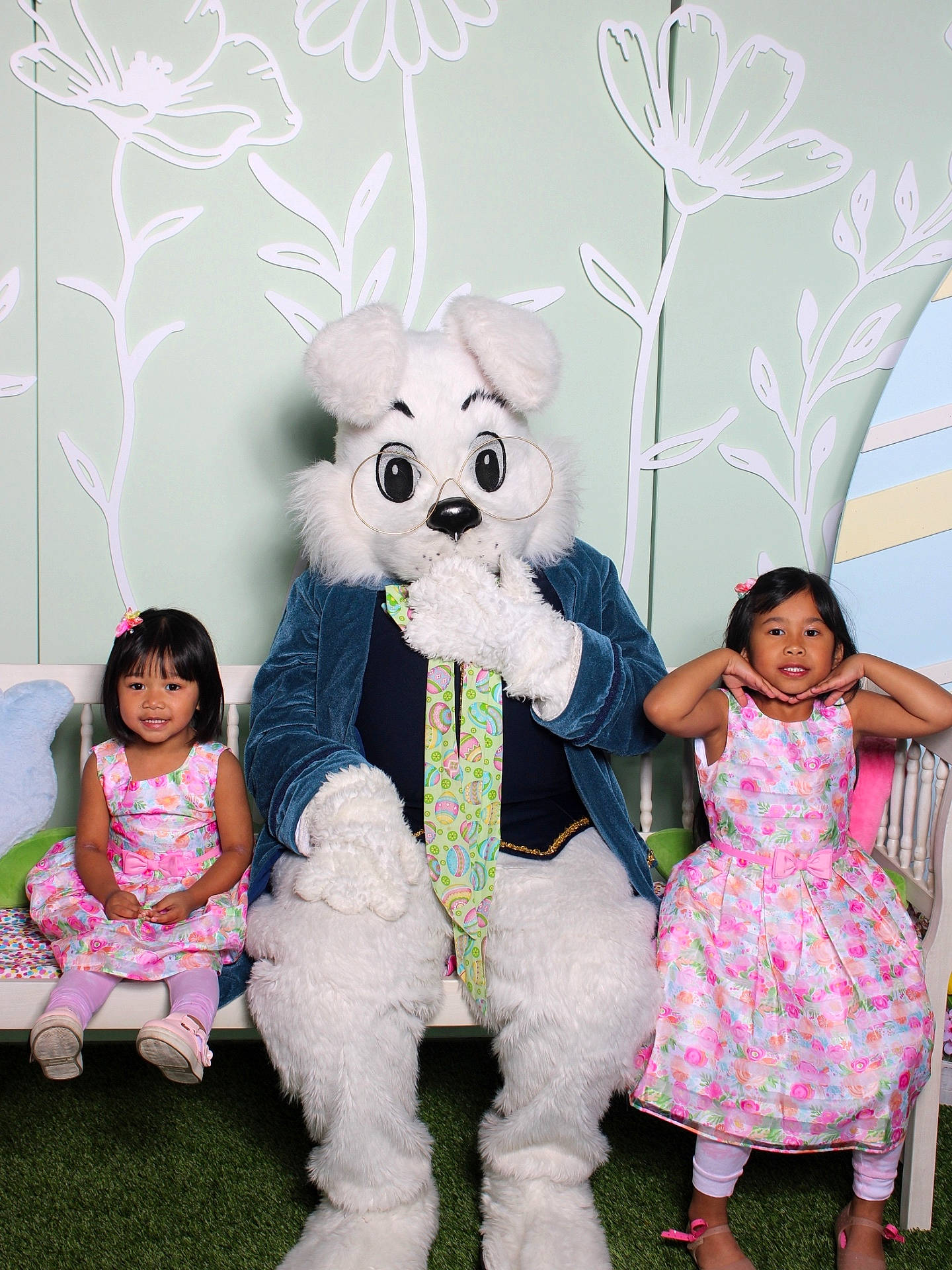 Jade joined the competition — help win amazing prizes! bench, bunny, carpet, child, children, costume, decor, dress, floral_dress, girl, glasses, happy, indoor, mascot, pastel_colors, playful, posing, rabbit, smile, tie