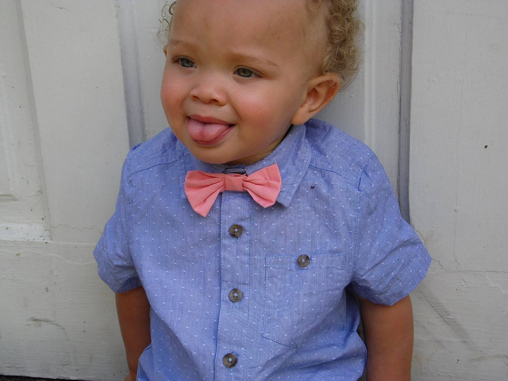 Laken joined the competition — help win amazing prizes! baby_toddler_clothing, blue, bow_tie, button, cheek, child, chin, dress_shirt, face, fashion_accessory, forehead, hair, head, joy, neck, outerwear, person, shirt, sleeve, standing