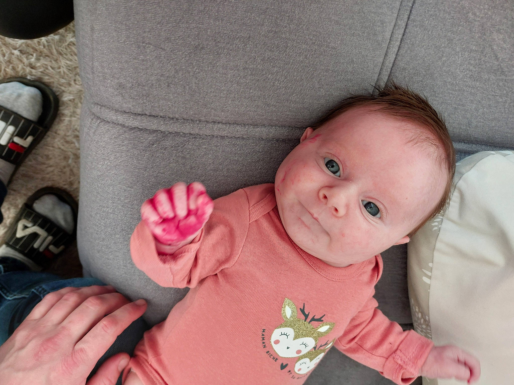 Rose participe au concours pour gagner de l'argent avec cette photo : baby, baby_products, baby_toddler_clothing, car_seat, cheek, child, comfort, eyelash, finger, gesture, lip, nail, nose, person, pink, skin, sleeve, smile, thumb, toddler