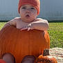 baby, pumpkin, knit_hat, orange, outdoor, grass, blanket, cute, child, fall, seasonal, autumn, person, sitting, sock, headwear, holiday, face, small_pumpkin, name