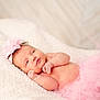 newborn, baby, infant, pink_tutu, headband, flower, blanket, soft_texture, cute, sleepy, portrait, lying_down, skin, small_hands, closeup, indoor, peaceful, adorable, child, tulle