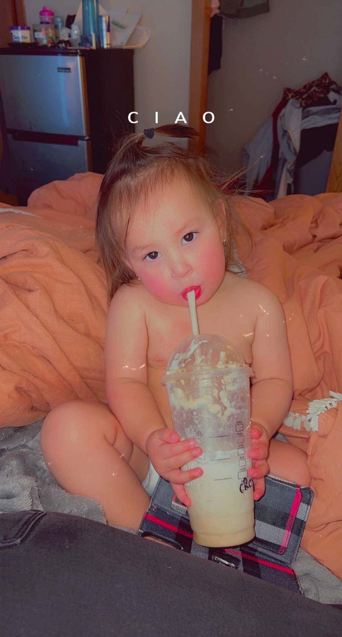 Winona joined the competition — help win amazing prizes! abdomen, bathing, cheek, chest, drink, drinking, drinkware, eyelash, finger, hair, human_leg, iris, lip, nail, person, plastic_bottle, skin, thigh, thumb, toddler