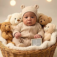Liam joined the competition — help win amazing prizes! 1_month, baby, background_bokeh, basket, child, cozy, cute, fuzzy, happy, hat, indoor, infant, knitwear, newborn, plush, portrait, sign, soft, teddy_bear, warm_lighting