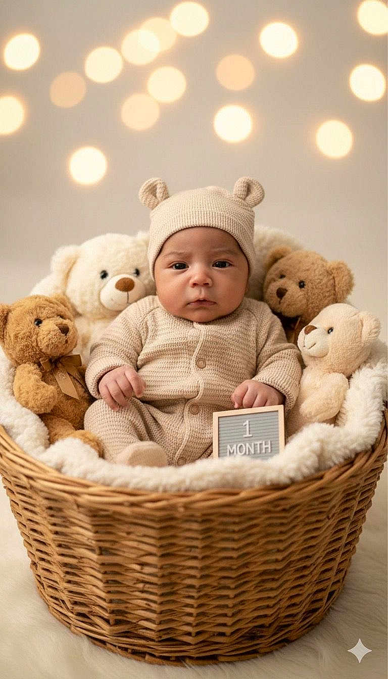 Liam joined the competition — help win amazing prizes! 1_month, baby, background_bokeh, basket, child, cozy, cute, fuzzy, happy, hat, indoor, infant, knitwear, newborn, plush, portrait, sign, soft, teddy_bear, warm_lighting