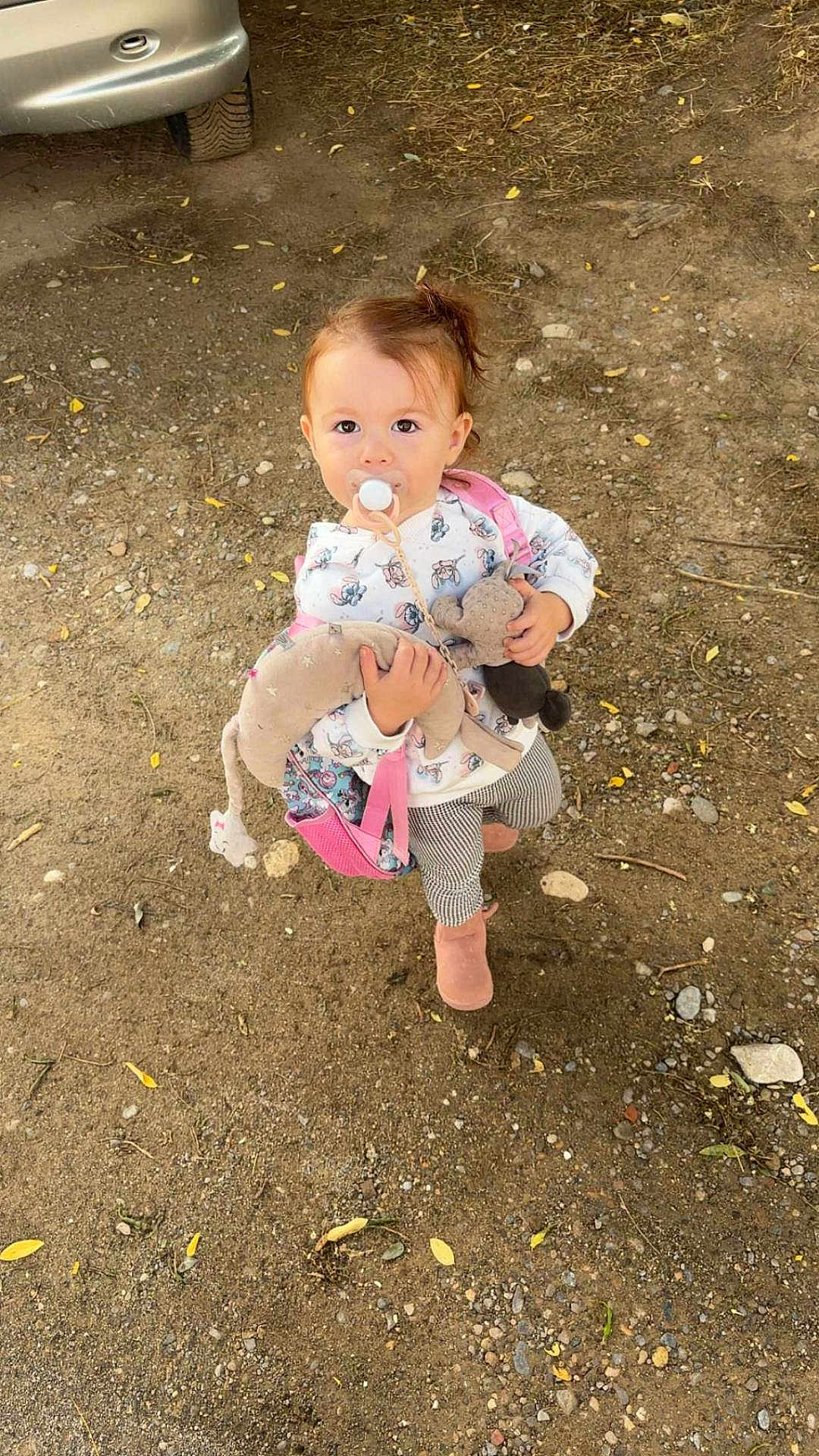 Heiana participe au concours pour gagner de l'argent avec cette photo : toddler, child, pacifier, plush_toy, backpack, outdoor, dirt, gravel, boots, long_sleeve, patterned_pants, vehicle_tire, curious, standing, daylight, nature, young_child, casual_clothing, small_person, playful