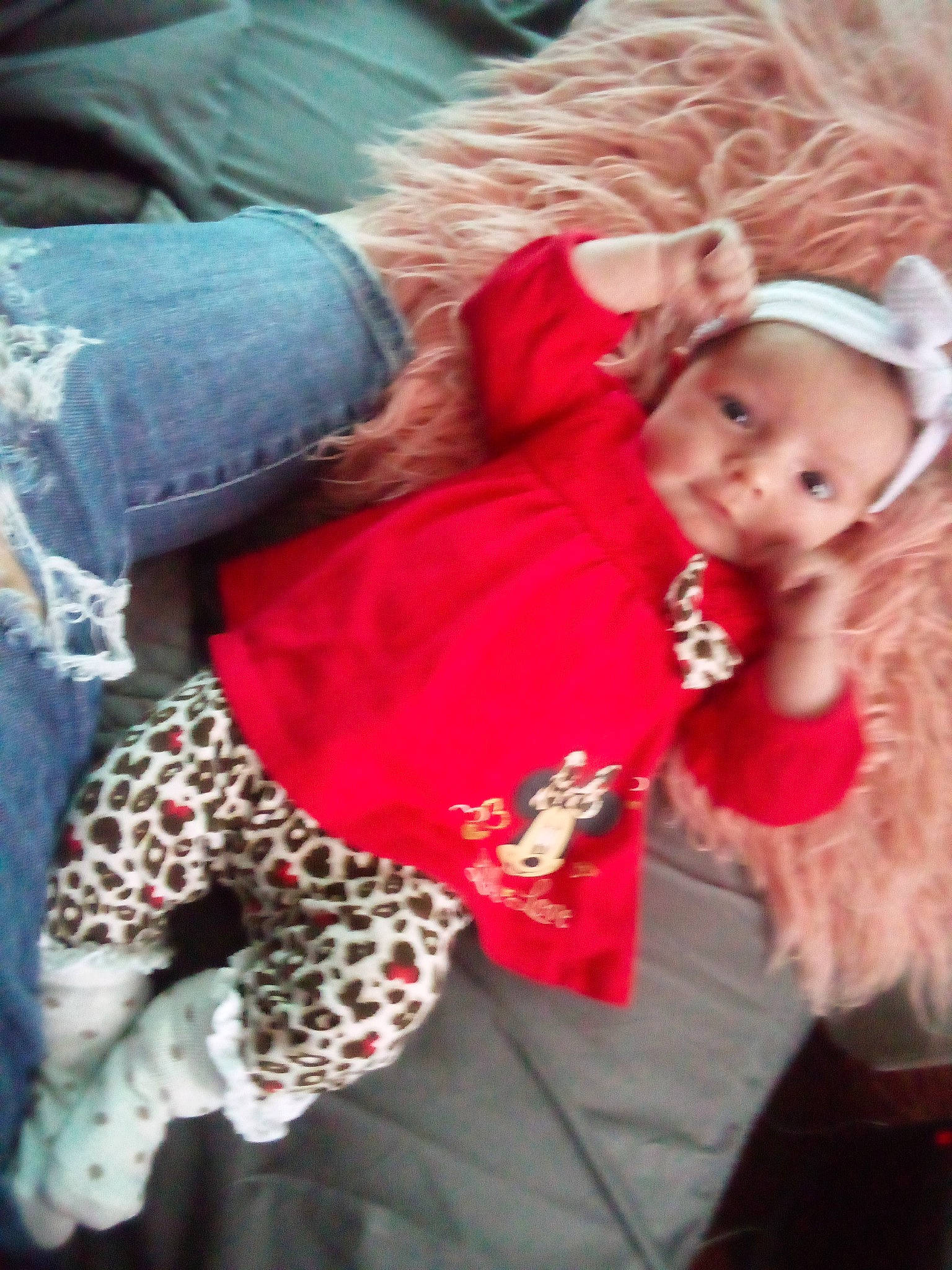 Aurora is registered to the contest to win money with this photo: baby, baby_toddler_clothing, child, christmas, christmas_eve, event, fictional_character, fun, fur, happy, headband, holiday, human_leg, magenta, pattern, person, room, sleeve, textile, thigh