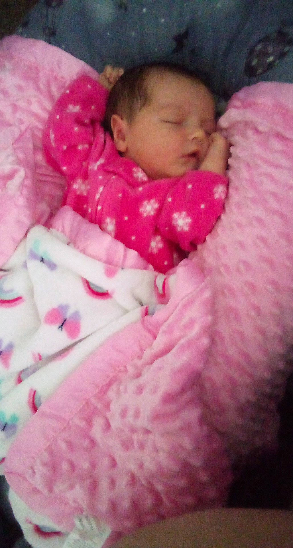 Aurora is registered to the contest to win money with this photo: baby, baby_products, baby_sleeping, baby_toddler_clothing, bedtime, cheek, child, comfort, eye, fur, happy, head, linens, lip, magenta, nose, person, pink, skin, sleeve