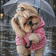 Joyc a rejoint le concours — aidez-le/la à gagner de superbes lots ! cute, dog, drizzle, fluffy, long_hair, outdoors, pet, pigtails, pink_coat, polka_dots, portrait, puddles, rain, raincoat, reflection, small_dog, standing, umbrella, weather, wet