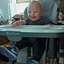 baby, infant, high_chair, smile, smiling, blue_sneakers, shoe, feeding_tray, babytrend, interior, lamp, painting, brick_wall, wooden_floor, joy, portrait, clothing, hands, eyes, cute