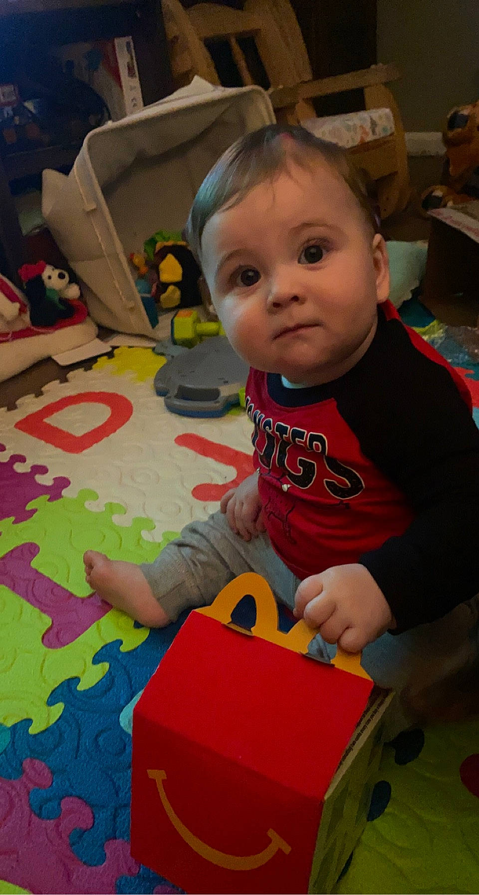 Crew is registered to the contest to win money with this photo: baby, baby_playing_with_toys, baby_products, baby_toddler_clothing, baby_toys, carmine, chair, cheek, child, flooring, fun, head, person, play, playmat, product, room, sitting, toddler, toy