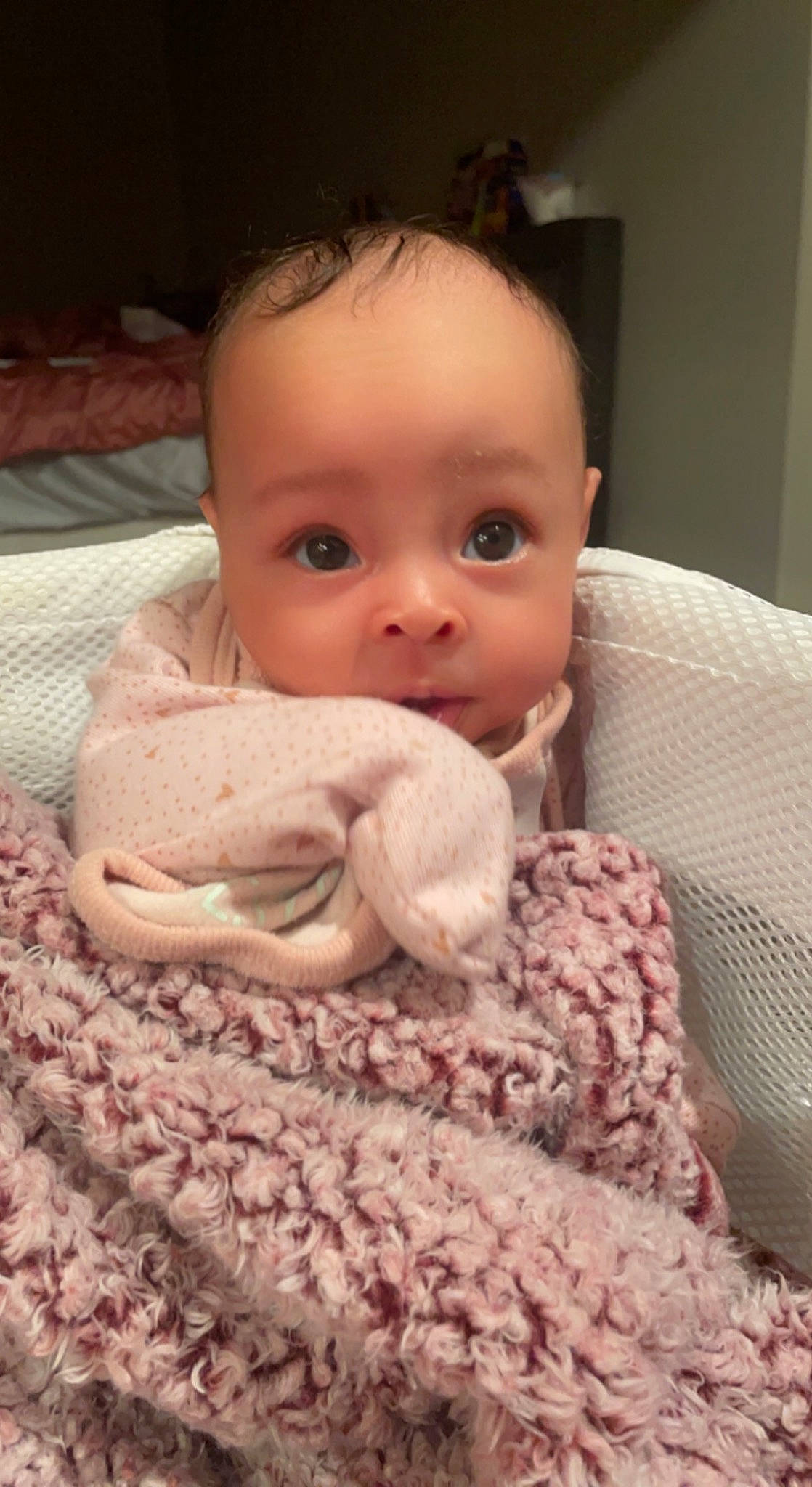 Melody is registered to the contest to win money with this photo: baby, baby_sleeping, baby_toddler_clothing, bed, bedding, cheek, child, comfort, eye, fur, iris, linens, lip, nose, person, skin, sleeve, surprise, thumb, toddler