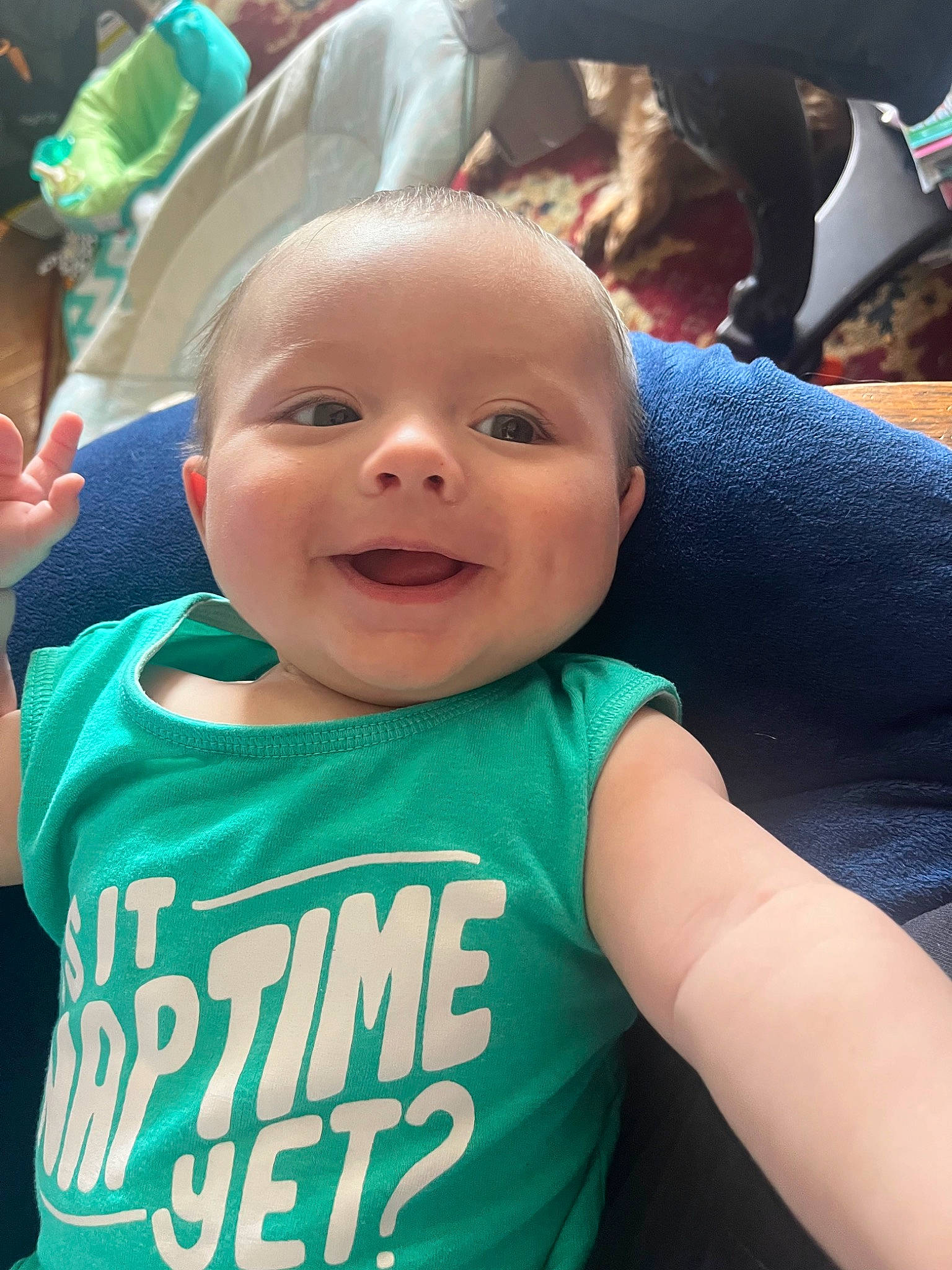Landen is registered to the contest to win money with this photo: baby, child, cool, event, facial_expression, finger, fun, gesture, happy, human, leisure, mouth, person, product, recreation, skin, smile, t_shirt, thumb, toddler